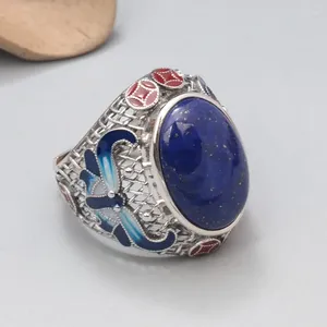 Anillos de racimo Esmalte Lapis Lazuli Anillo ovalado para hombres Mujeres Retro Étnico 925 Plata esterlina Hueco Ancho Ajustable Joyería de dedo JZ099