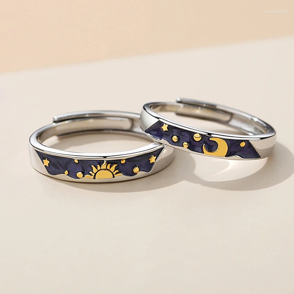 Anillos de racimo Esmalte Sol Luna Cielo estrellado Pareja para mujeres Estilo romántico Regalos Amantes Joyería fina