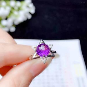 Cluster Rings Est Star Style Violet Améthyste Gemme Anneau Pour Les Femmes Ornement Rond Brillant Gem Réel 925 Argent Pierre De Naissance Cadeau