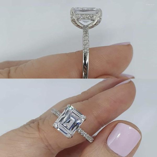 Anillos de racimo Eterno 925 Anillo de plata esterlina Dedo Corte esmeralda Creado Diamante Compromiso de boda Topacio blanco para mujeres Joyería