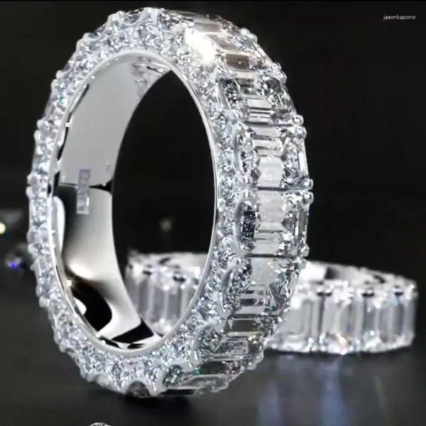 Anillos de racimo Eternidad completa corte esmeralda laboratorio anillo de diamante 925 plata esterlina fiesta banda de boda para mujeres hombres joyería de compromiso regalo