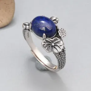 Cluster anneaux ethnique 925 feuille de lotus en argent sterling pour les femmes filles rétro ovales lapis lazuli riches en bague réglable en gros jz102