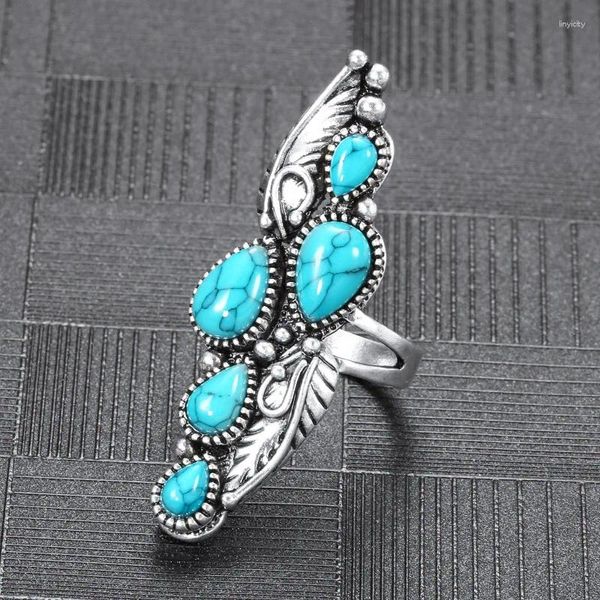 Bagues de cluster Ethnique Boho Doigt pour femmes Bleu Pierre Perles Décoration Longue Forme Vintage Tibétain Argent Sculpté Bague Cadeau