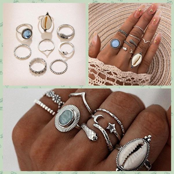 Cluster Anneaux Ethnique Argent Couleur Serpent Pierre Grand Shell Ensemble Pour Les Femmes Lune Knuckle Bague 2023 Bijoux