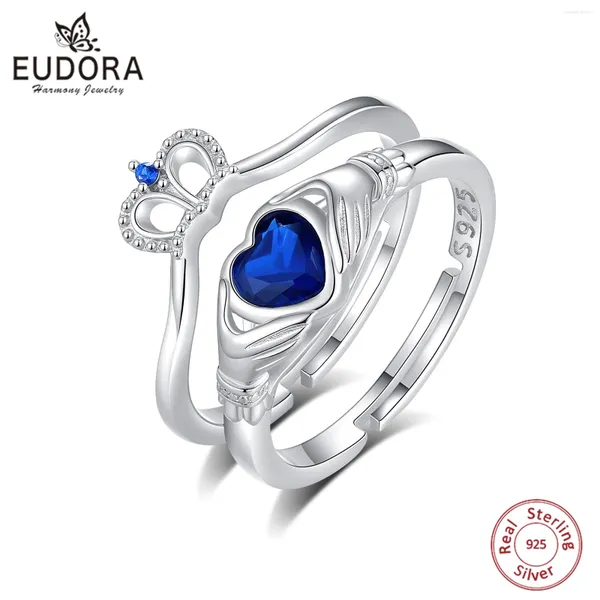 Cluster anneaux eudora 925 Sterling Core Heart Hands Ringable Ajustement pour les femmes Gift Blue Zircon Crown Fine Jewelry Party Gift