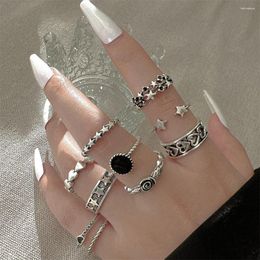 Cluster Anneaux Europe et Amérique Anneau vintage 10 PCS / Set Punk Personnalité Love Heart Star Star Sun Moon Black Crystal For Women Jewelry