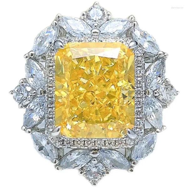 Anillos de racimo de moda europea y americana anillo de diamante amarillo 925 STERLING Silver con incrustación de joyas de boda de alto carbono al por mayor