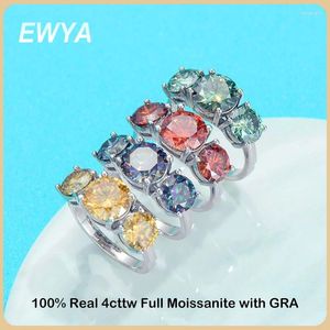 Anillos de racimo EWYA Real 4cttw D Color 3 piedras de color anillo de moissanita completo para mujeres S925 plata esterlina diamante rojo regalo de banda de boda