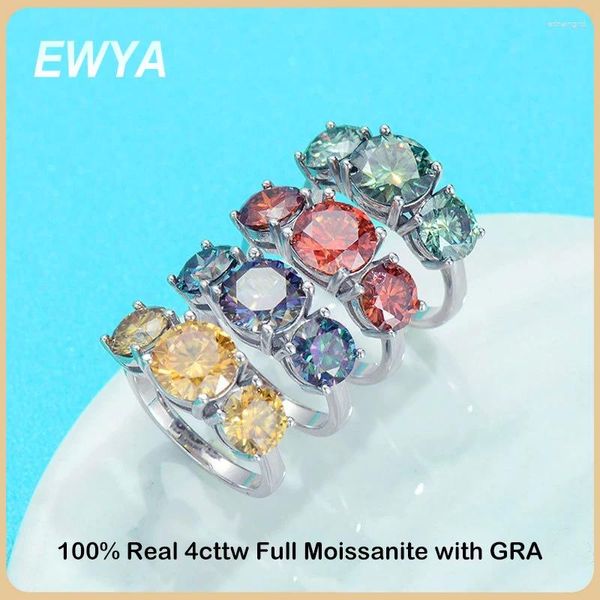 Bagues de cluster EWYA Real 4cttw D Couleur 3-Pierre Colorée Bague Moissanite Pour Femmes S925 Sterling Argent Rouge Diamant Bande De Mariage Cadeau