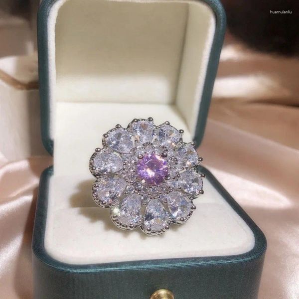 Cluster Anneaux exagérés Personnalité Cherry Blossom Zircon Ring Femme 925 Silver Full Diamond Party Wedding Bijoux Gift