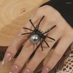 Cluster Ringen Overdreven Persoonlijkheid Retro Halloween Zwarte Spin Ring Legering Parel Oorbellen Punk Hiphop Open Accessoires