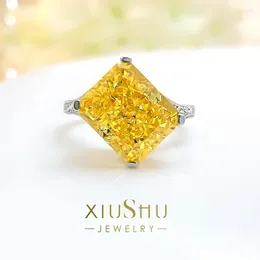 Cluster anneaux explosifs flash cassé coupé épaisse couleur jaune anneau diamant rectangulaire 925 Bijoux de mariage de style argent sterling