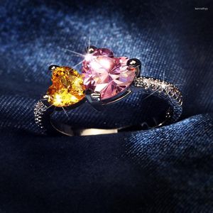 Cluster Ringen Prachtig 925 Zilver Hoge Kwaliteit Roze Dubbele Perzik Hart Simulatie Diamond Claw Set Zirkoon Vrouwelijke Roman Ring Engagement