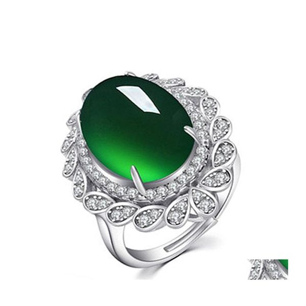 Bagues De Grappe Exquis Et À La Mode Platine De Luxe Fantaisie Vert Jade Anneau Fl Diamant Fleur Ouverte Calcédoine Cristal Jaspe Dh1B0