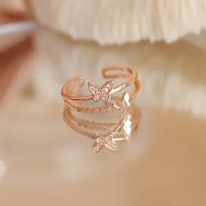 Cluster Ringen Prachtige Dubbele Vlinder Zirkoon Ring Voor Vrouwen Meisje Koreaanse Mode Gouden Kleur Twee Laag Verstelbare Open Vinger Sieraden