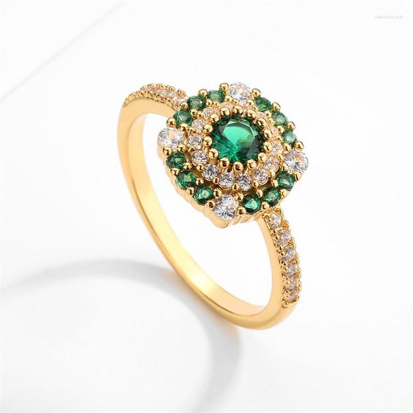 Anillos de racimo exquisito verde Zirconia cúbica dedo anillo chapado en oro clásico étnico boda Navidad año joyería para mujer