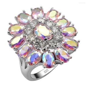 Cluster Ringen Prachtige Roze Regenboog Kristal Zirkoon925 Sterling Zilveren Sieraden Ring Mooie Vrouwen F1540
