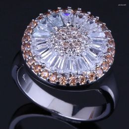 Bagues de cluster exquis rond brun zircon cubique blanc CZ bague plaquée argent V0481