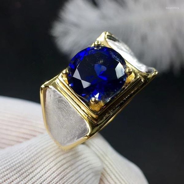 Anillos de racimo Exquisito anillo de piedras preciosas de zafiro azul real para hombres Gema natural Buen corte 925 Plata de ley Tamaño de regalo de cumpleaños 8x8 mm