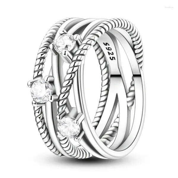 Anneaux de cluster exquis S925 bague en argent sterling pour les femmes avec des lignes entrelacées scintillantes fête des femmes bijoux cadeau livraison gratuite