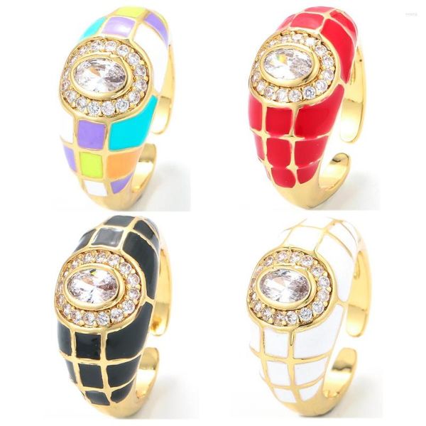 Anillos de racimo Eyika colorido goteo aceite esmalte rejilla abierto oro metal oval circón ajustable anillo grueso para mujeres niña joyería de fiesta