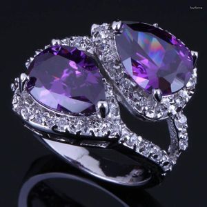 Bagues de cluster Fabuleux Poire Violet Zircone Cubique Blanc CZ Bague Plaquée Argent V0471