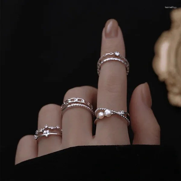 Anillos de racimo Precio de fábrica Brillante Zircon Cross Star Cadena Doble Capa Anillo ajustable para mujeres Chica Joyería de moda Regalo