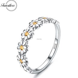 Anillos de racimo Fansilver Anillo de margarita de plata esterlina 925 para mujeres y niñas Anillo de boda con declaración de circonita cúbica colorida con flor chapada en oro de 18 quilates YQ240109