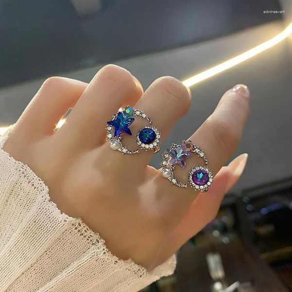 Anillos de racimo fantasía Luna estrella cristal perla anillo para nosotros niñas fiesta Halloween regalo estético Anime joyería Y2k