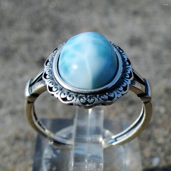 Bagues en grappe Fascination bague réglable en argent massif 925 Sterling coupe ovale 8x10mm bijoux en Larimar naturel