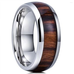 Cluster Ringen Mode 8MM Zilver Kleur Roestvrij Staal Voor Mannen Vrouwen Koepelvormige Koa Hout Inleg Paar Belofte Ring Bruiloft Sieraden Cadeau