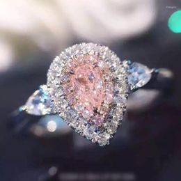 Clusterringen mode 925 sterling zilveren ring luxe drop-cut 2ct diamant roze 2 surround pave setting cz bruiloft voor dames juweliercluster