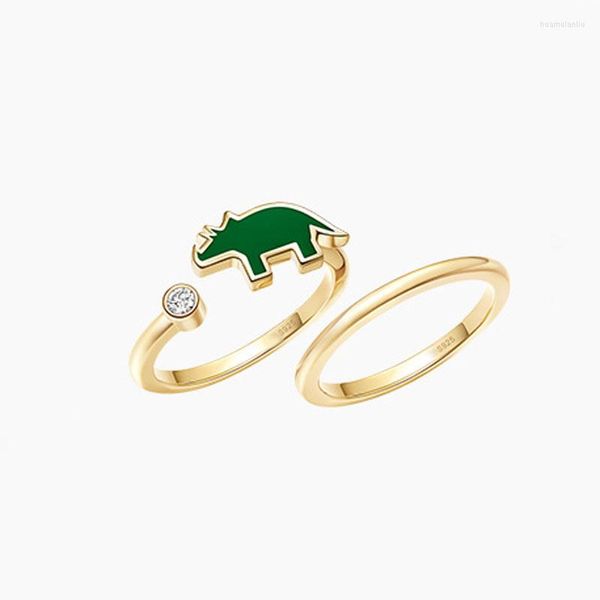 Cluster Rings Fashion 925 Sterling Silver Green Little Rhino Double 2 En 1 Anneau Pour Les Femmes Bijoux Protéger Les Animaux Rhinocéros