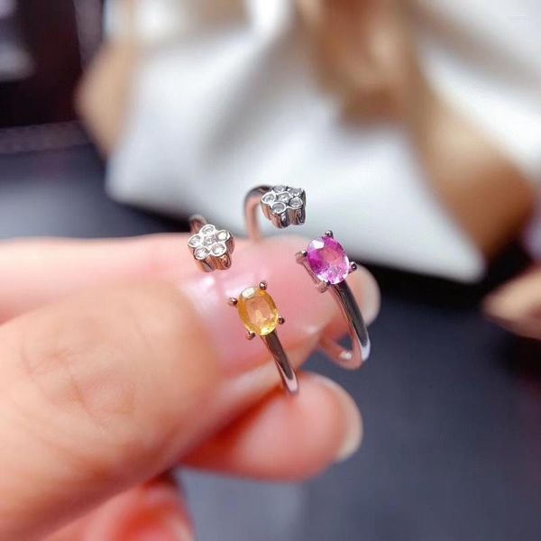 Anillos de racimo Moda ajustable Flor de ciruelo cuadrado Anillo de zafiro rosa amarillo natural S925 Joyas de fiesta de niña de piedras preciosas de plata