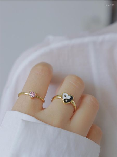 Anillos de racimo moda Adorable colorido esmalte corazón Yin Yang anillo para mujer chica fiesta boda apilamiento Color dorado amor eternidad dedo