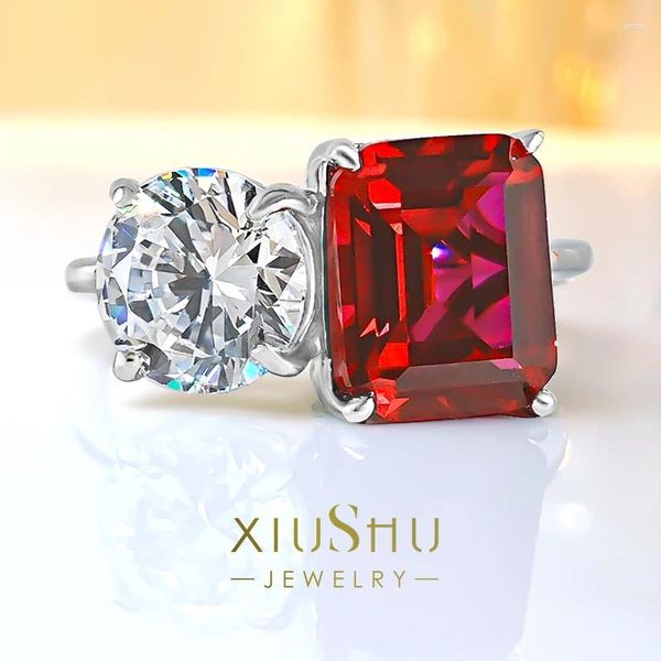 Cluster anneaux mode et luxe artificiel rouge corundum double pierre 925 bague en argent sterling incrusté de bijoux de mariage