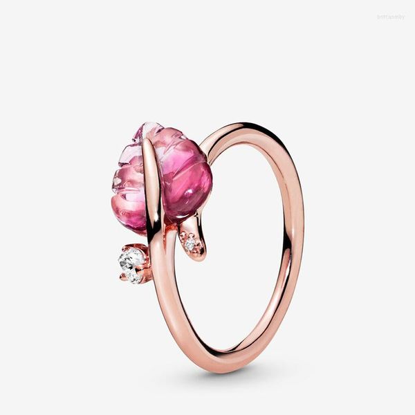Anillos de racimo moda auténtica plata de ley 925 mujeres rosa Murano hoja de cristal anillo rosa para aniversario de joyería