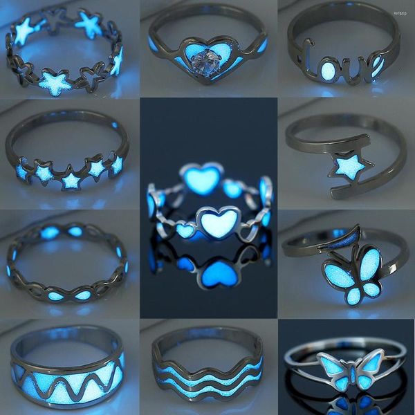 Cluster anneaux mode coeur bleu pour les femmes créatif pentagramme anneau lumineux personnalisé papillon fête bijoux accessoires