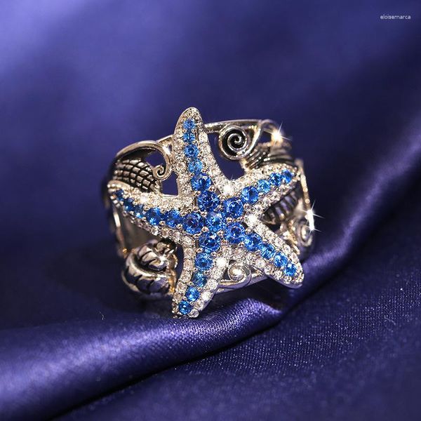 Cluster Anneaux De Mode Étoile De Mer Bleue 925 Timbres Pour Les Femmes Avec Bling Zircon Pierre Fiançailles De Mariage Mignon Vente Bijoux