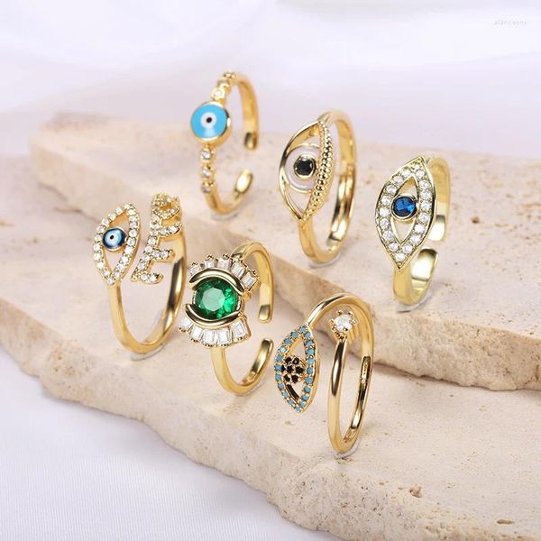 Anillos de racimo Moda Bohemia Lucky Turkish Evil Eye Rhinestone abierto para mujeres Boho Anillo ajustable Cobre Zircon Joyería de fiesta