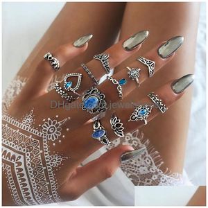 Cluster Ringen Mode Carve Antieke Sier Midi Set Voor Vrouwen Schildpad Kroon Hart Lotus Knuckle Vinger Vrouwelijke Boheemse Sieraden Gift drop Dhc3R