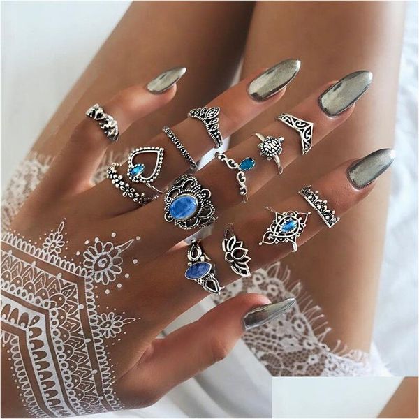 Anillos de racimo Moda tallar antiguo Sier Midi Set para mujer Tortuga Corona Corazón Loto Nudillo Dedo Mujer Joyería bohemia Regalo Dro Dhsxb