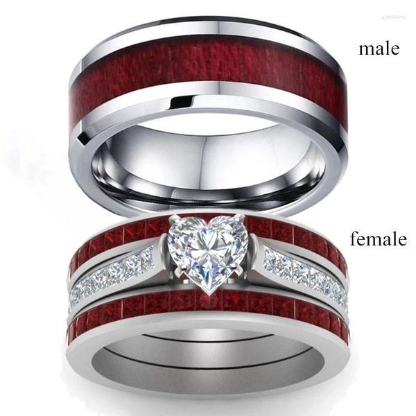 Bagues de cluster Couple de mode pour femmes coeur blanc cristal CZ ensemble simple hommes en acier inoxydable bois bague de mariage bijoux cadeaux