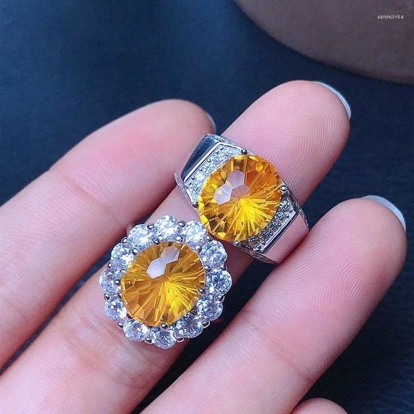 Anillos de racimo Anillo de pareja de moda para la fiesta Total 10ct 10 mm 12 mm Laboratorio creado joyería de cristal amarillo sólido 925 plata hecho por el hombre citrino