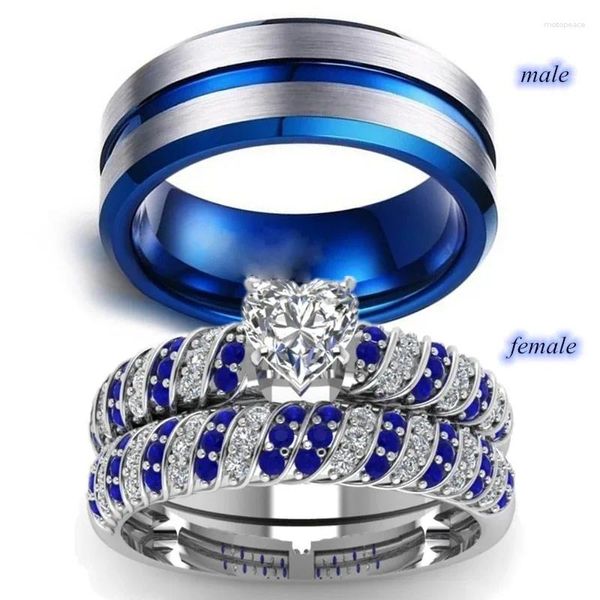 Bagues de cluster Mode Couple Femmes Blanc Coeur Strass Zircon Bague Ensembles Hommes Bleu En Acier Inoxydable Bande De Mariage Bijoux Cadeau