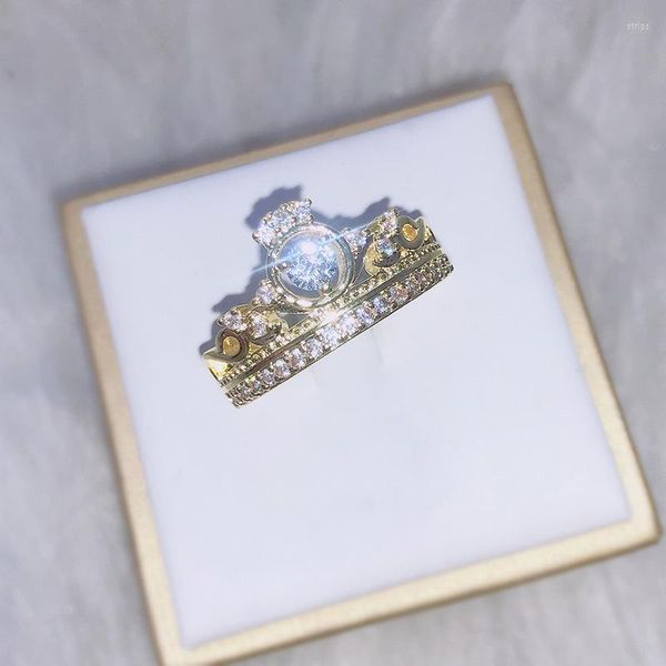 Cluster Rings Fashion Crown Crystal Ring Exquis Glamour Femme Bijoux Romantique Cadeau D'anniversaire