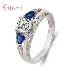 Cluster ringen mode schattig blauw hart zirkon bruiloft 925 sterling zilveren vinger sieraden vrouwen meisje kristal brial cadeaubry accessoires