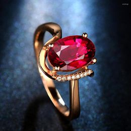 Cluster ringen modeontwerp rood kristal ruby ​​edelstenen diamanten voor vrouwen rosé goud kleur sieraden Bijoux bague elegante geschenken accessoire