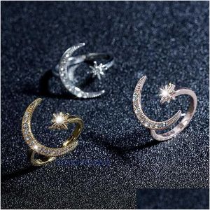Cluster anneaux de mode anneau de doigt sier couleur étoile lune pour femmes bijoux de mariage bijoux brillance cristal métal fleur ouverture anillo drop otkh3