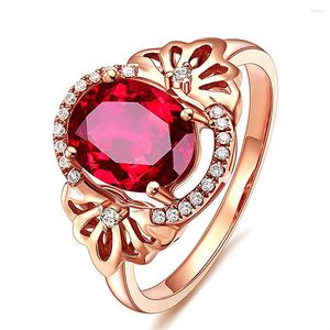 Cluster Ringen Mode Bloem 3 S Red Crystal Ruby Edelstenen Diamanten Voor Vrouwen Rose Goud Kleur Sieraden Bague Bijoux party Geschenken